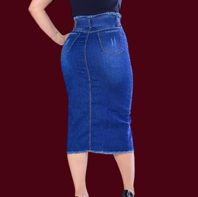 Saia Mid Jeans Cintura Alta Laço