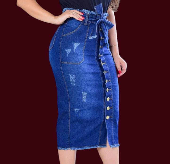 Saia Mid Jeans Cintura Alta Laço