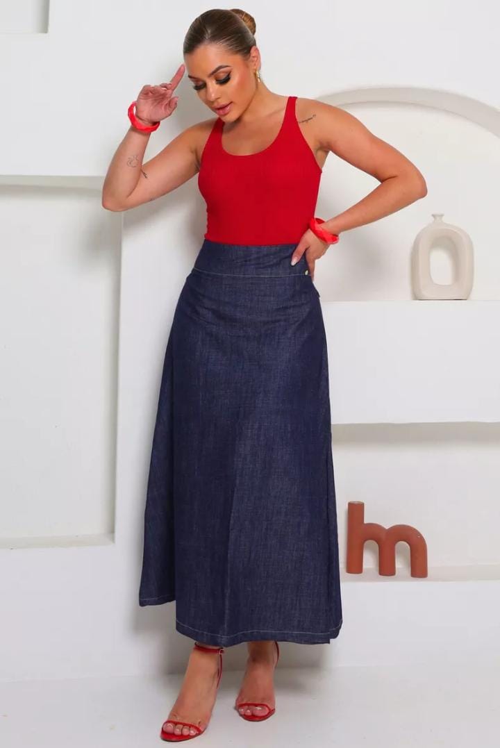 Saia Longa Jeans Cintura alta