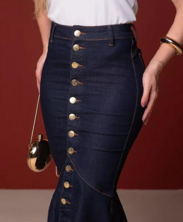 Saia Mid Jeans Cintura Alta Sereia
