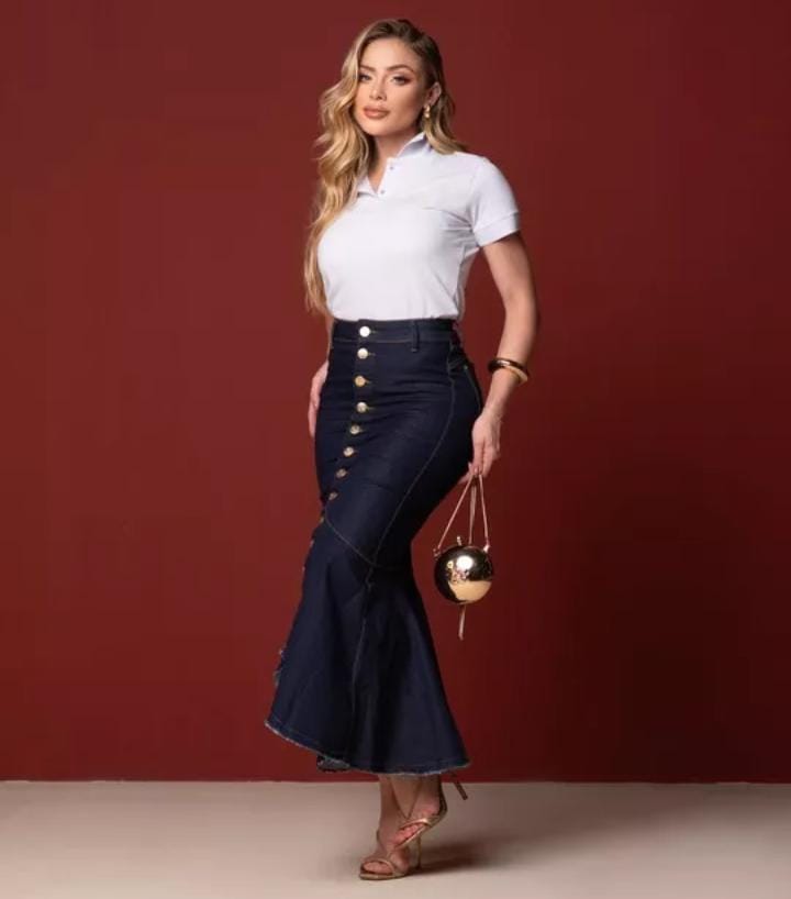 Saia Mid Jeans Cintura Alta Sereia